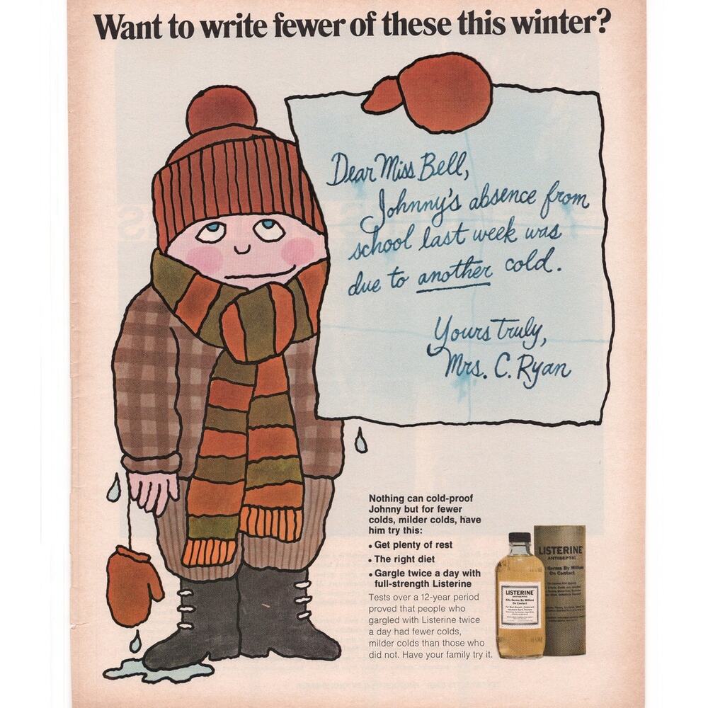 Listerine Antiseptic Magazine Advertisement 1960s Vintage Sick Cold Child Winter